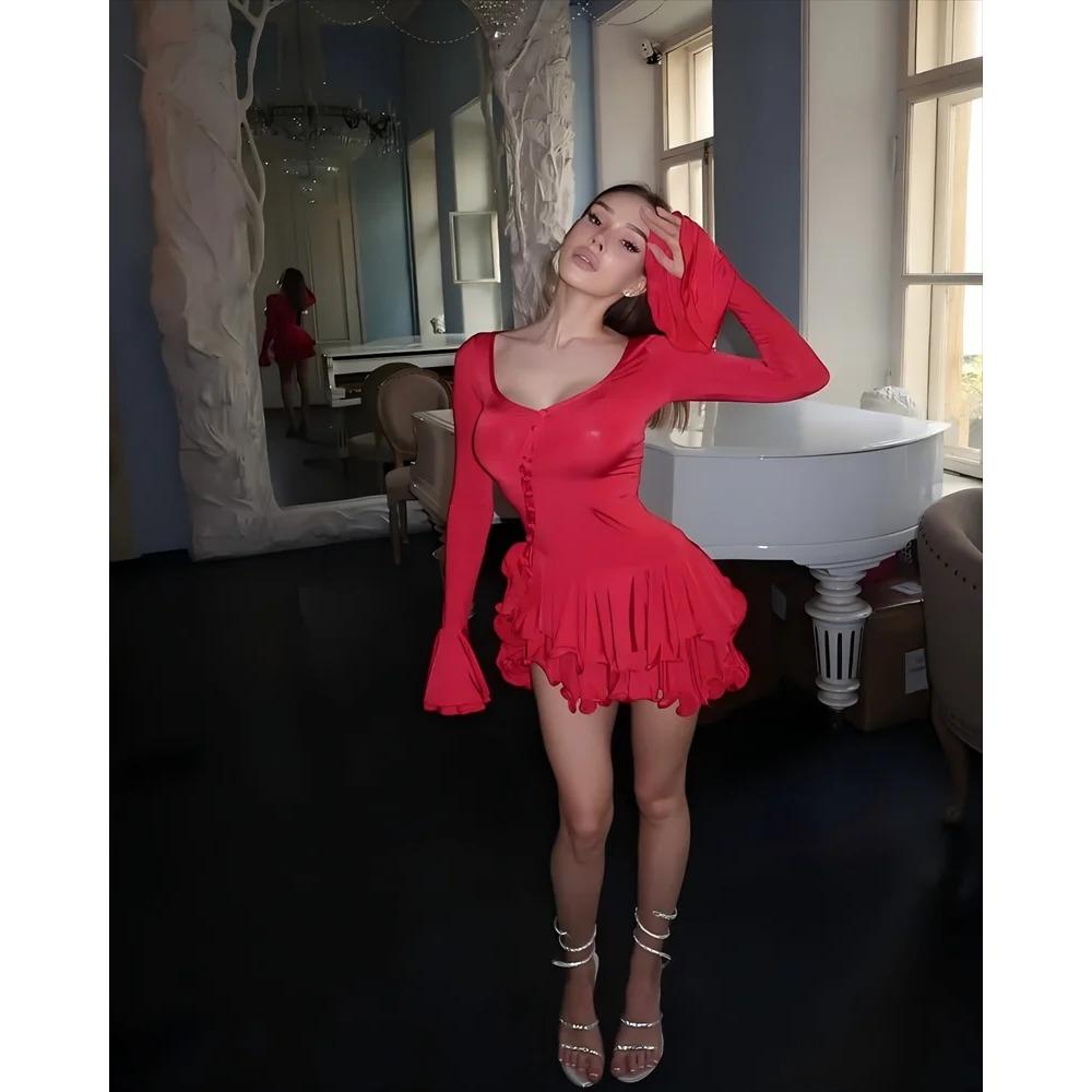 Женское облегающее мини-платье А-силуэта с оборками по подолу и V-образным вырезом, асимметричные пуговицы, длинное рукава, короткое платье, наряды для вечеринок и улиц