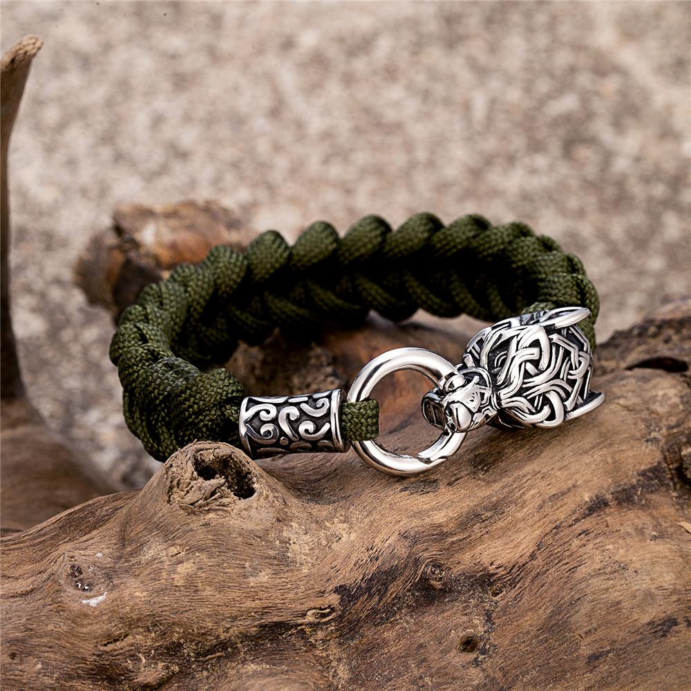 Outdoor Norse Mythology Odins Wolf Bracelet Men Stainless Steel Braided Paracord Rope Wristband Viking Runes Celtic Knot Jewelry