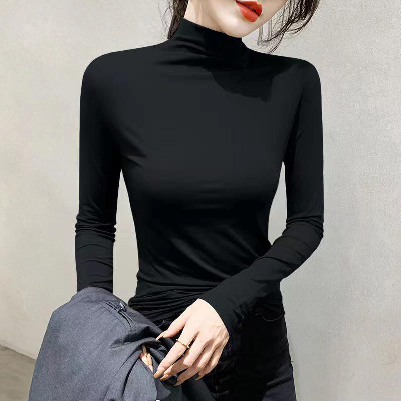 Women's Autumn/Winter Slim Fit T-Shirt: Warm Pure Color Half-Turtleneck Long Sleeve Base Layer