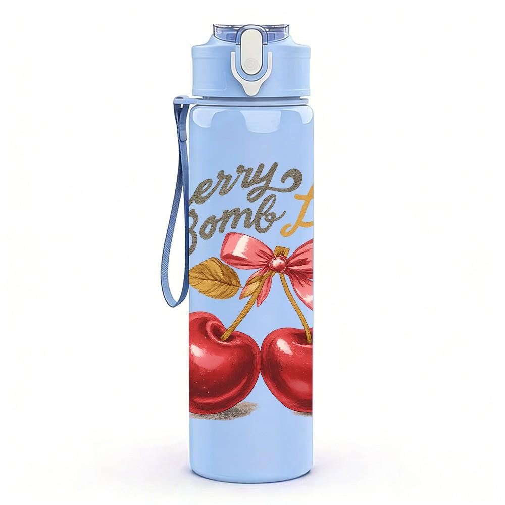 1PC Cherry Fruit Quote 750ml Color Plastic Sports Water Bottle Leakproof Flip Straw Lid Suitable for Sports Office Home Use