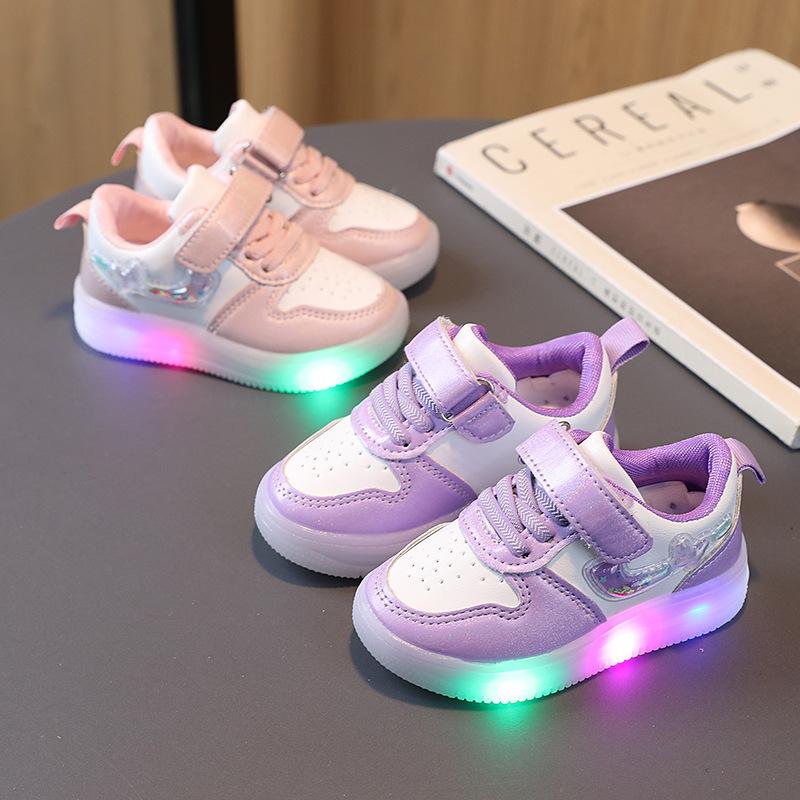 TS JYL JK194 Girls Leather Light Up Sneakers Breathable Upper Soft Sole For Small Age Toddlers
