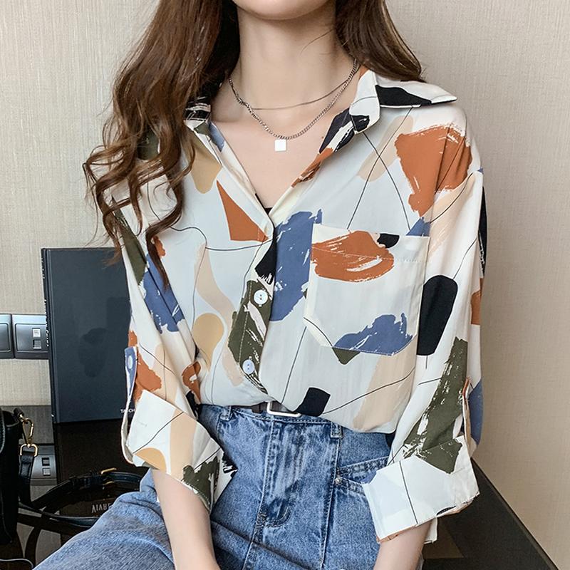 2025 Весна Блузки Рубашки Длинный Рукав Отложной Воротник Офисная Женская Печать Шифоновая Блузка Рубашка Женские Топы J763