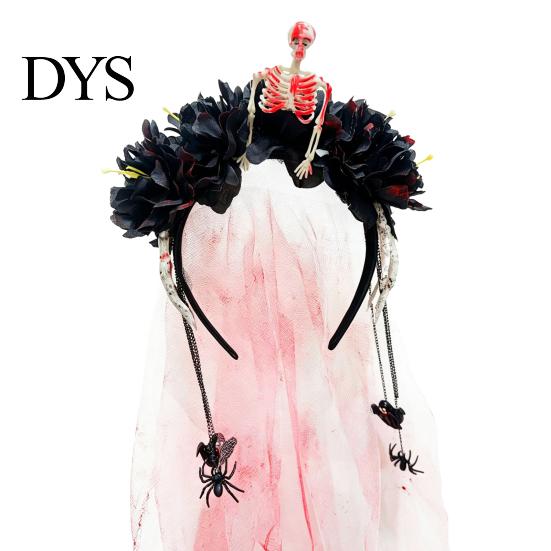 Halloween Ghost Bride Costume Gothic Flower Headband with Veil, Spooky Black Rose Dead Branch Skull Headpiece, Witch Hair Band Day of The Bridal Veil