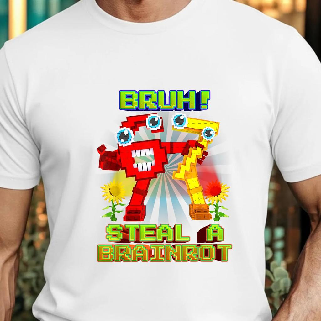 SpringSummer New Mens and Womens Bruh 67 Meme Steal A Brainrot Pixel Pattern Printed Cotton Casual Short Sleeve Tshirt
