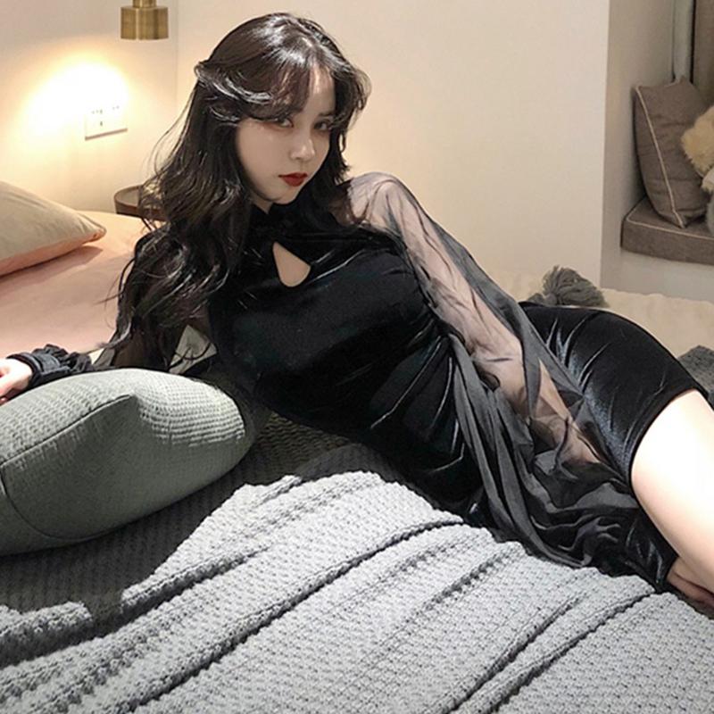 WTEMPO Черные платья Сексуальное мини-платье с боковым разрезом и рукавами-фонариками Облегающее платье с длинными рукавами Платье Y2k Уличная одежда Летнее платье