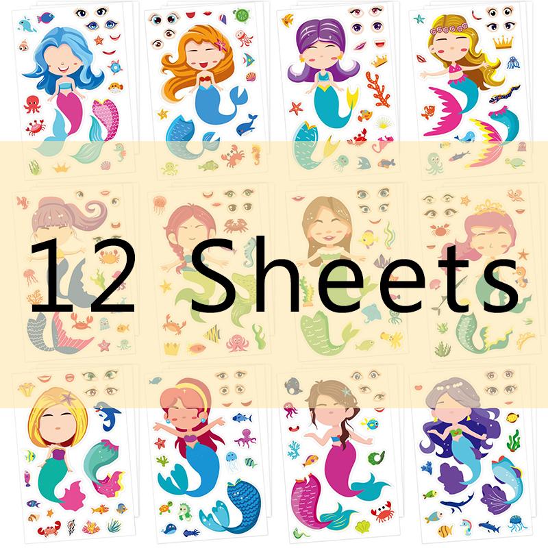 12 Sheets DIY Make a Face Stickers Animal Mermaid Adhesive Waterproof Puzzle Stickers Enlightenment Games Cute Gift Boy Girl ZYF