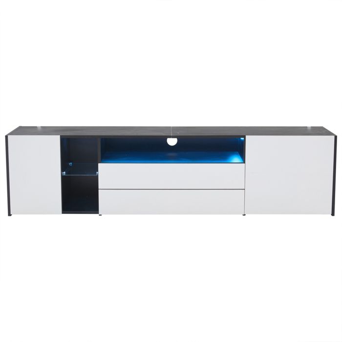 Meuble TV laqué brillant, noir et blanc, avec éclairage LED, 2 tiroirs et 2 placards, meuble de salon, 180 x 40 x 45 cm