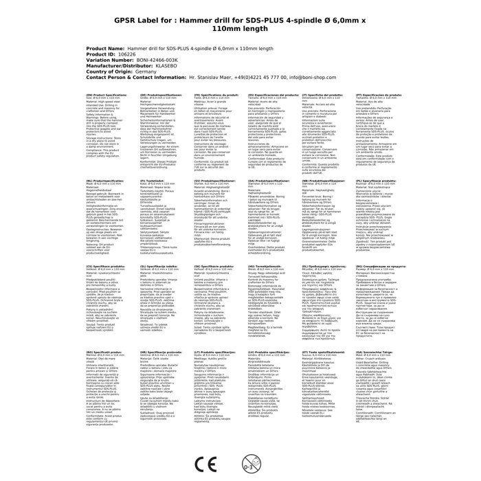 Foret à percussion pour SDS-PLUS 4 taillants Ø 6,0mm x 110mm longueur