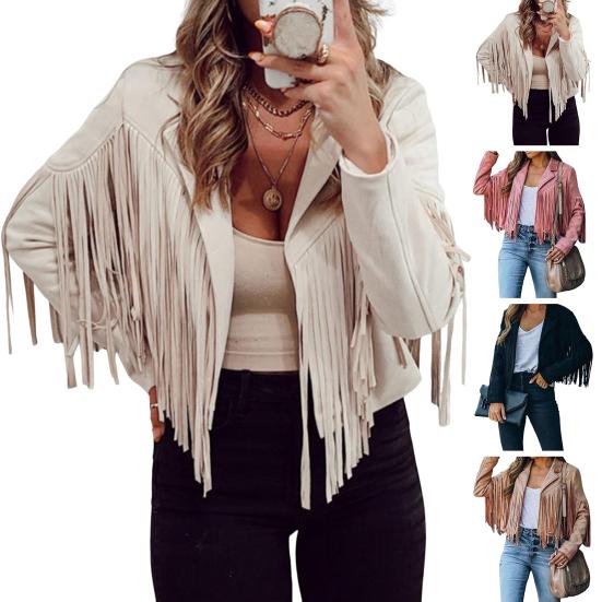 Женская повседневная куртка с кисточками, длинными рукавами, лацканами, укороченное пальто из искусственной замши, байкерская верхняя одежда на весну и осень