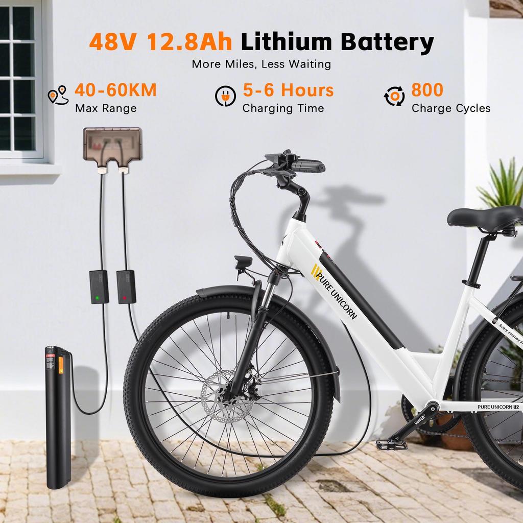 PURE UNICORN U2 City Electric Bike 48V 750W Motor 48V 12.8Ah Battery 45km/h Max Speed 40-60km Max Range 27.5 x 2.35" Tires