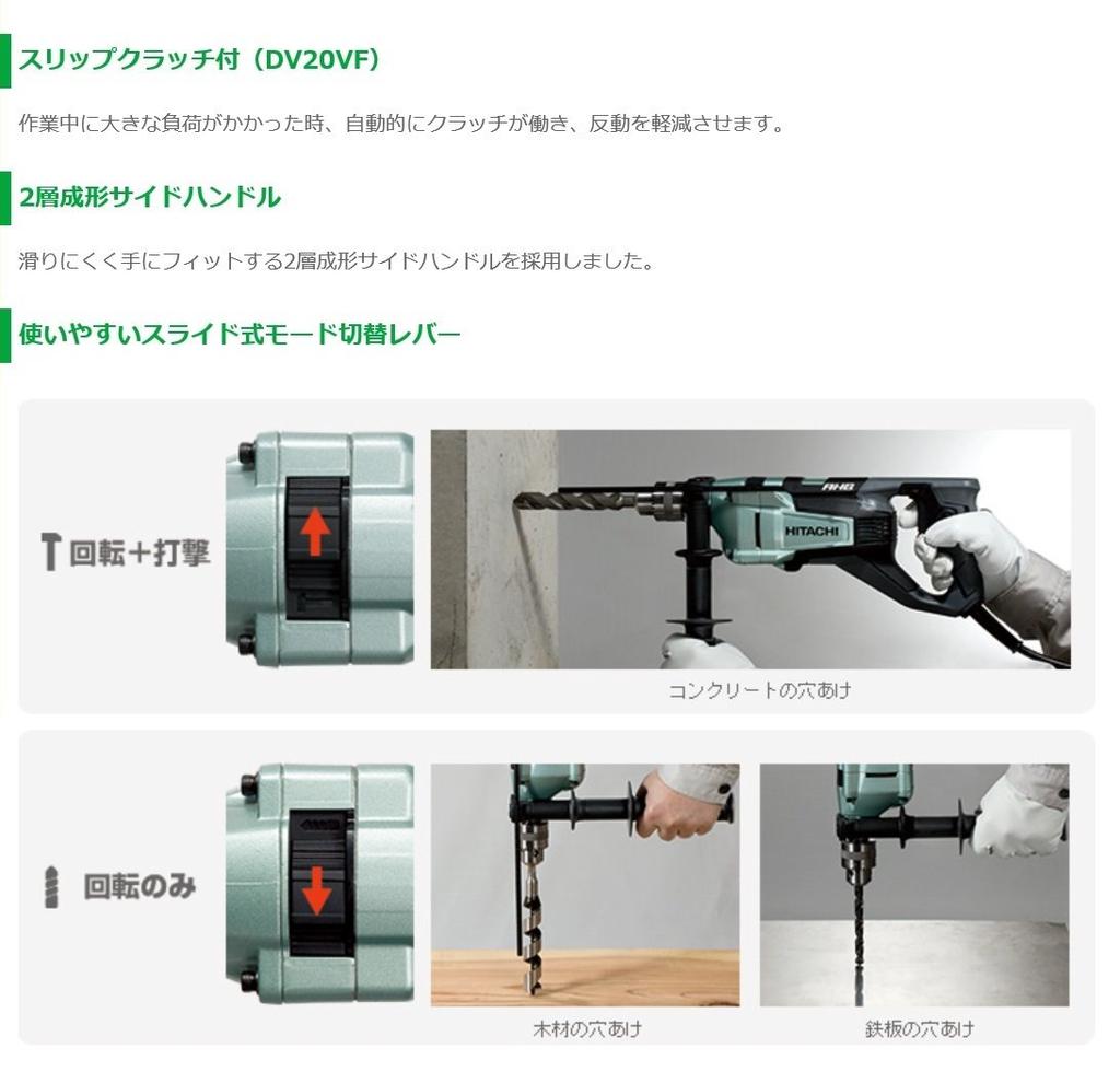 Вибрационная дрель HiKOKI для бетона 20 мм, деревообработки 40 мм, AC100V 820 Вт, рычаг переключения передач DV20VF, двухскоростная