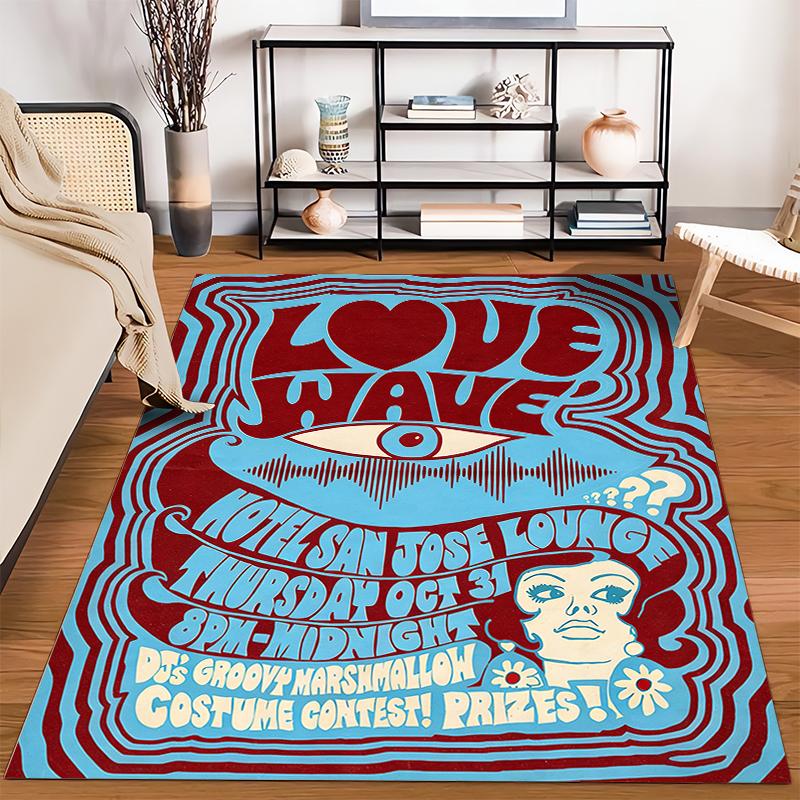 Colorful Retro Psychedelic Art Carpet with "Love Wave" Text Design Suitable for use as an anti-slip for living room bedroom sofas