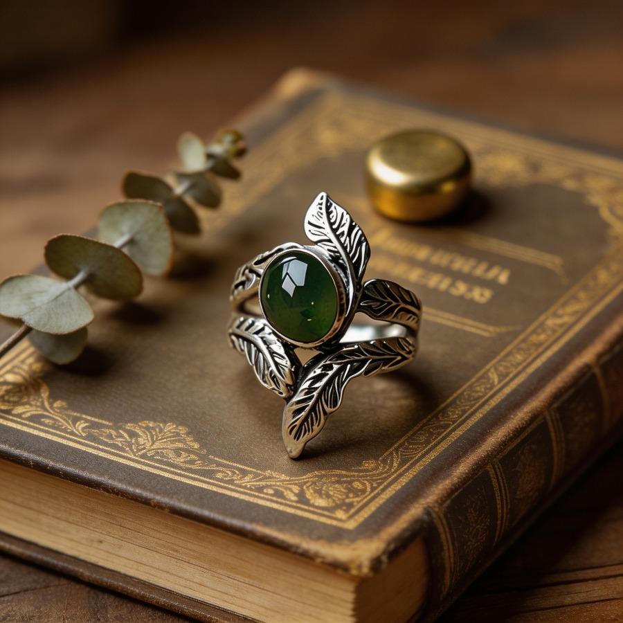 Natural vintage women's leaf wrap ring in silver tone with engraved leaves and inlaid oval green synthetic gemstones, bohemian style fashion