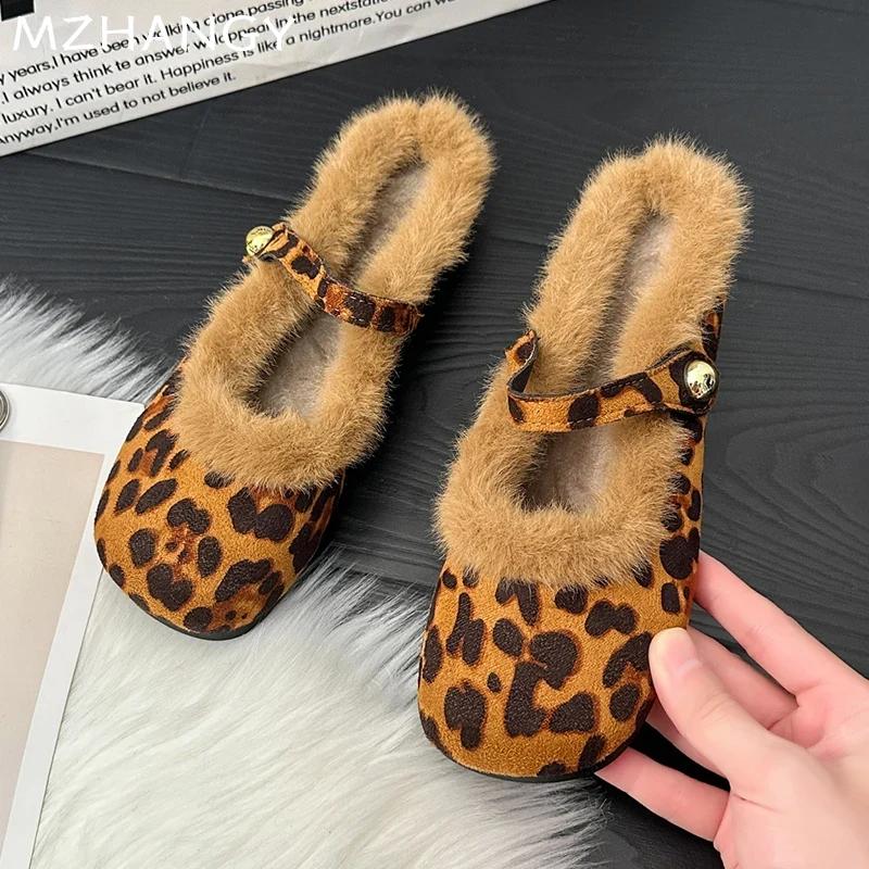 Fur Leopard Women Slippers Flats Casual Cotton Shoes Winter 2025 Trend Fashion Home Flip Flops Cozy Warm New Mujer Snow Botas