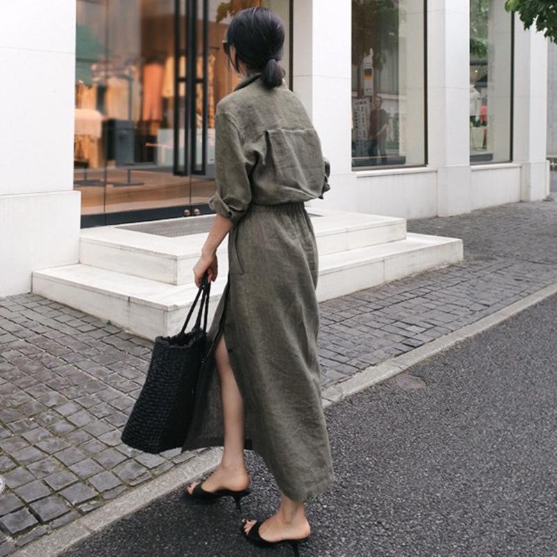 Новое платье-рубашка с длинными рукавами из хлопка и льна для женщин, платье средней длины в корейском стиле с завязками на талии, утягивающее платье
