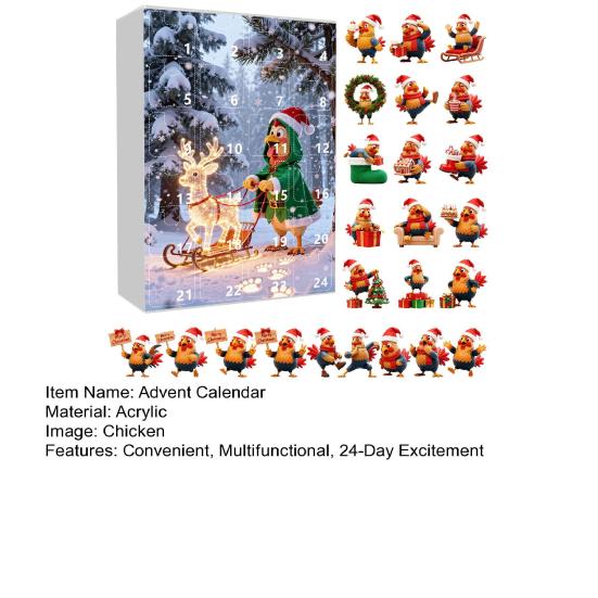 Рождественский цыпленок 2025 Адвент-календарь Коробка для отсчета 24 дней со счастливыми куриными украшениями Праздничные украшения для елки для детей