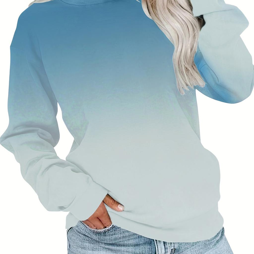 Футболка большого размера, женская, с градиентным принтом, длинным рукавом, круглым вырезом, средней эластичности