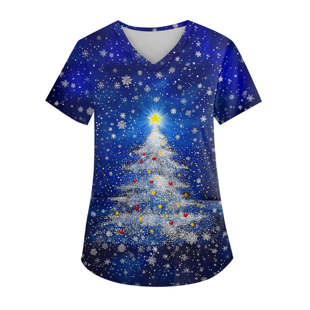 Women's V-neck Christmas Print Short-sleeved Pocket Side Slit Uniform Top