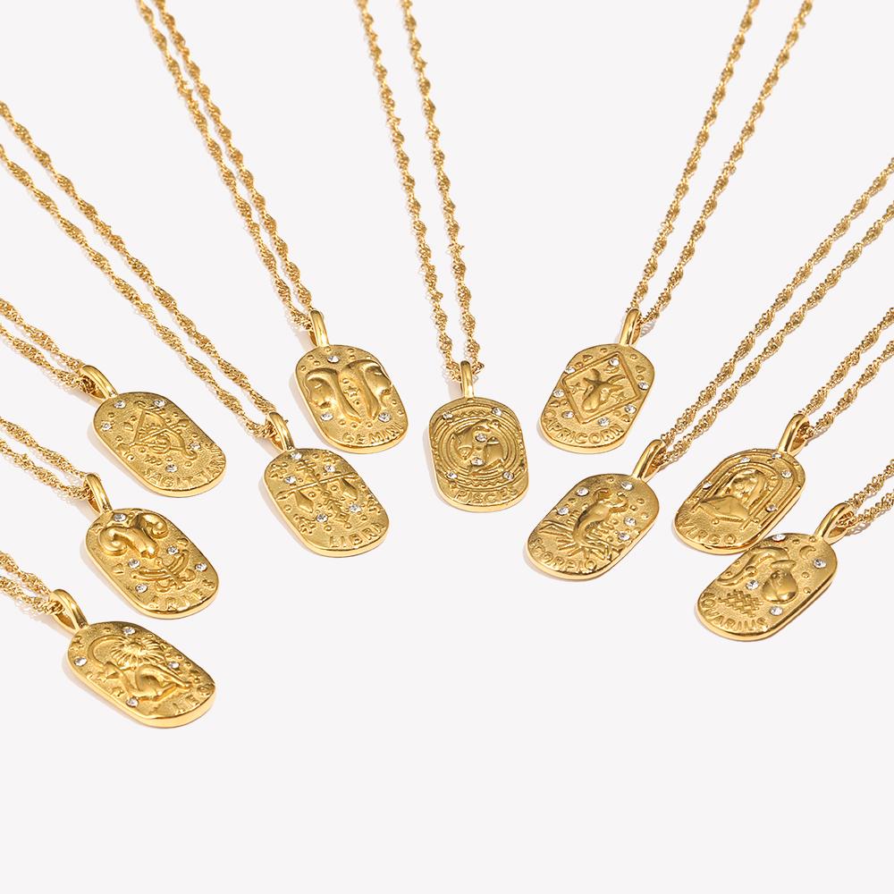 E.B.belle Trendy Personality Square Stainless steel Pendant Embossment 12 Constellation Sign PVD Gold-plating Necklace For Women