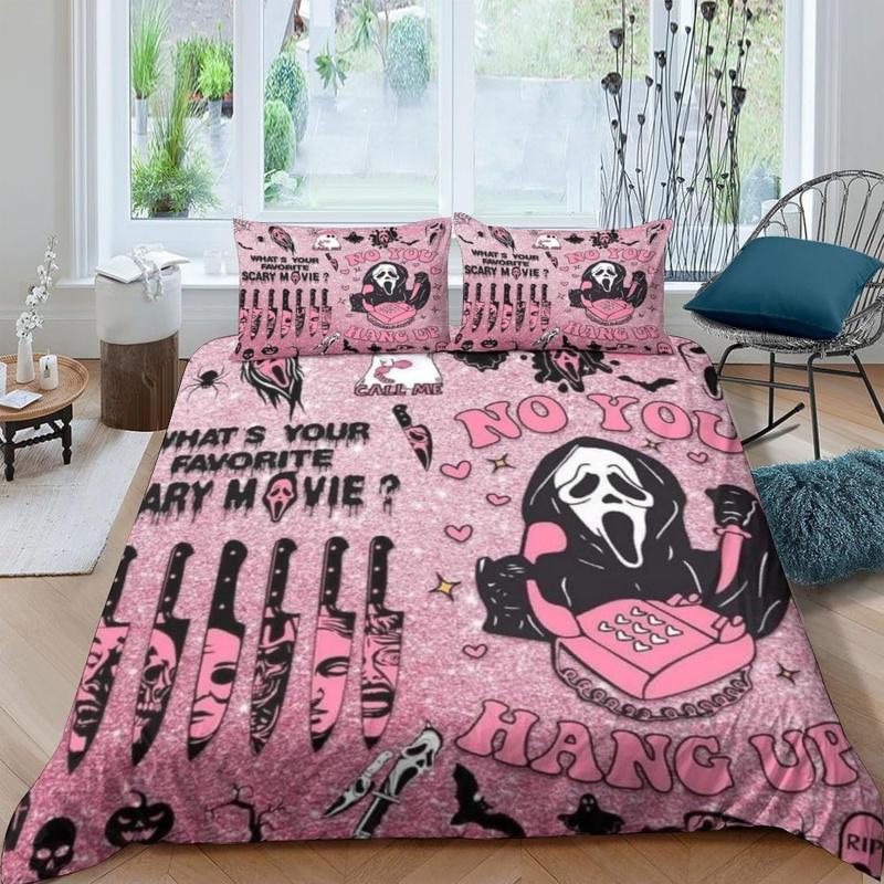Halloween Bedding Set 3PCS Pink Cartoon Skeleton Comfortable Cover 'No You Hang Up' Funny Horror Ghost Design