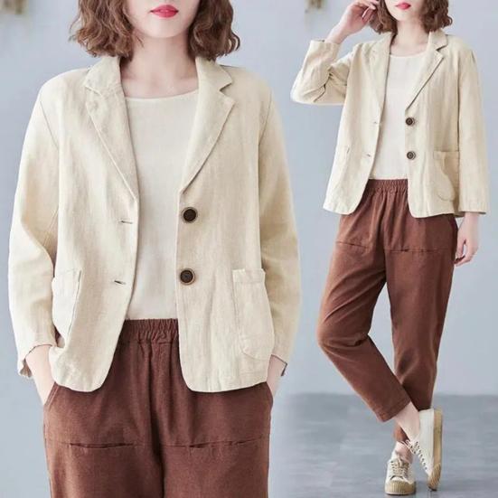 Cotton Linen Coat for Women Vintage Long Sleeve Blazer Jacket Casual Lapel 2 Buttons Thin