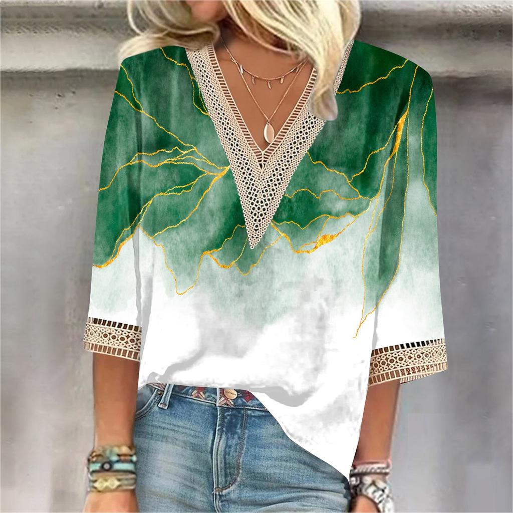 Women's Shirt Blouse Casual Loose Shirts 3/4 Sleeve Lace Trims Print V Neck Tops Print Tops T-shirts Tee