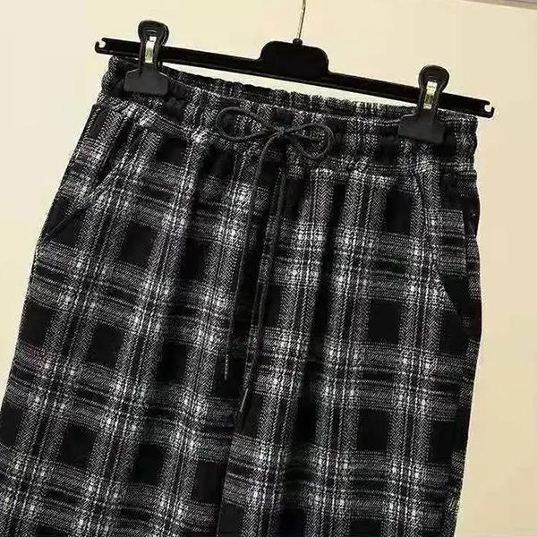 Женские зимние плюшевые повседневные брюки в клетку с высокой талией, свободные теплые длинные шаровары большого размера