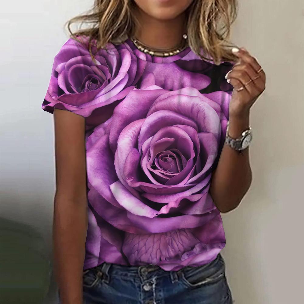 3d Roses Print Women's T Shirts Summer Fashion Short Sleeve Top Oversized Female Clothing Casual Girls Streetwear 2023 New Tees