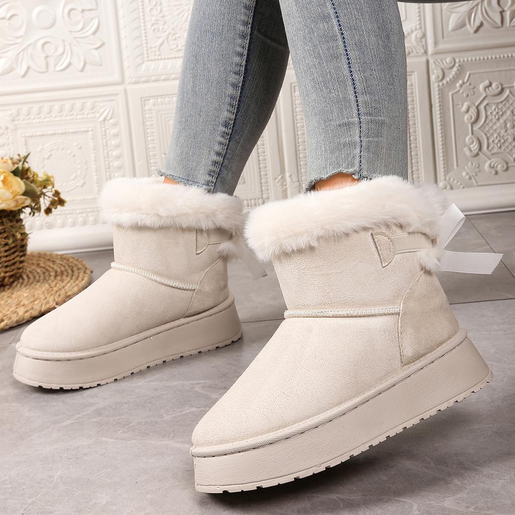 Fashion Women Boots Winter New Bow Plus Cotton Boots Casual All-match Thick Soled Mid-tube Snow Boots Fashion Retro Outdoor Women Shoes