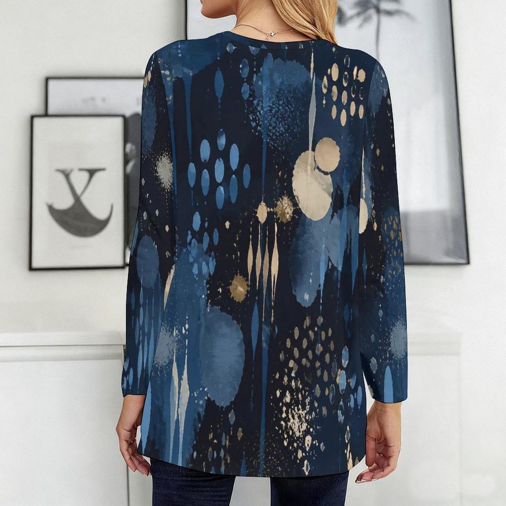 Women Plus Size Round Neck Long Sleeve Blue Printed Loose Longline T Shirt With Pockets