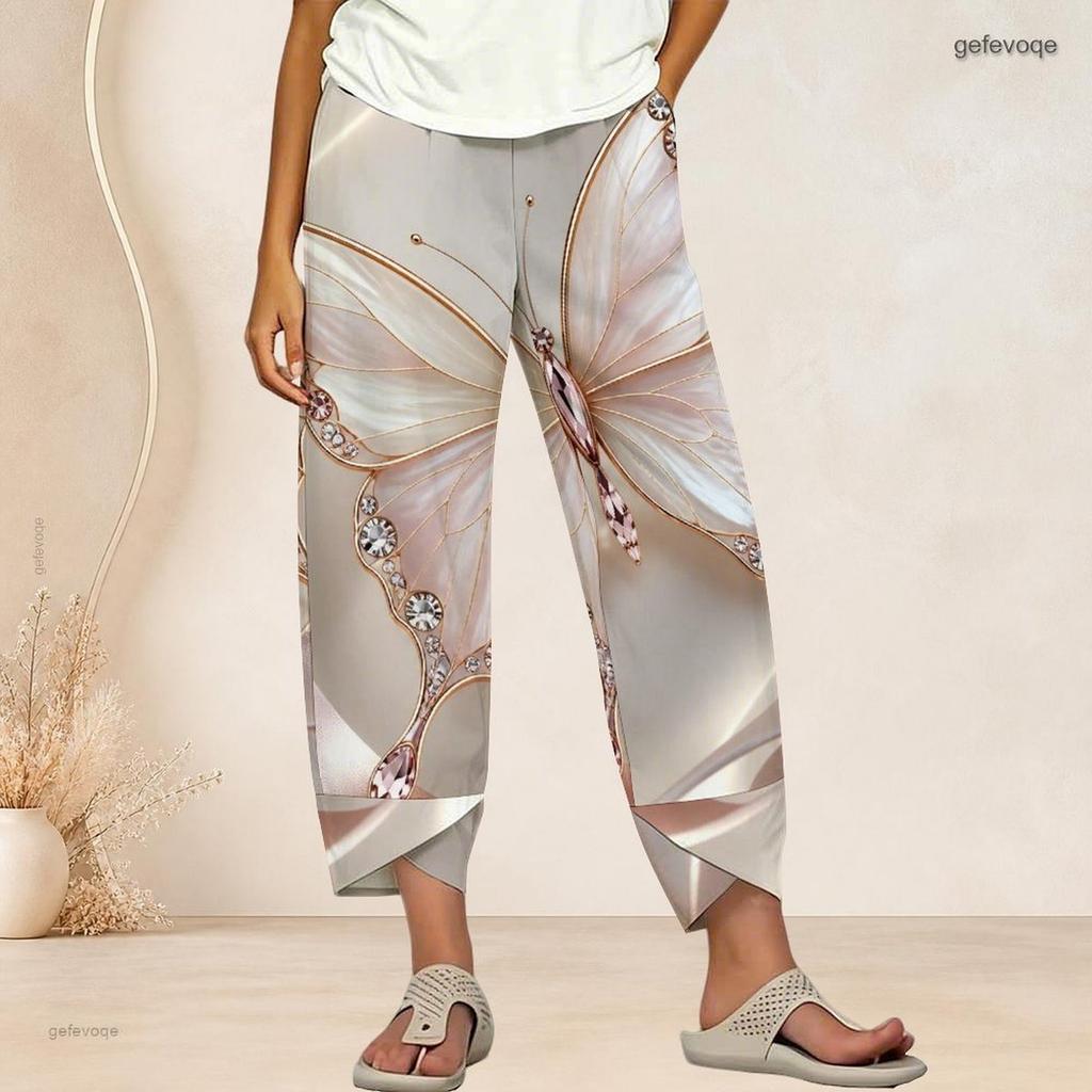 Women Plus Size Loose Butterfly Printed Cross Hem Cropped Pants