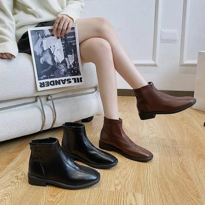 Мода 2024 Весенне-осенняя мода Британский дизайн на молнии Женские короткие ботинки Простой однотонный квадратный носок Толстый каблук Ботинки челси