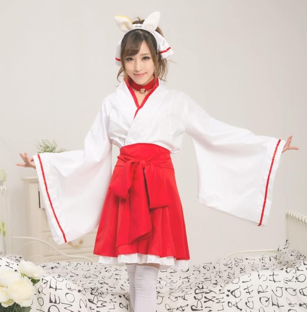 Косплей девицы-святилища, японское платье-лиса, мини-хакама, кимоно, юката, костюм для храма, лисьи уши, красные и белые [Lady Lazy] (M)