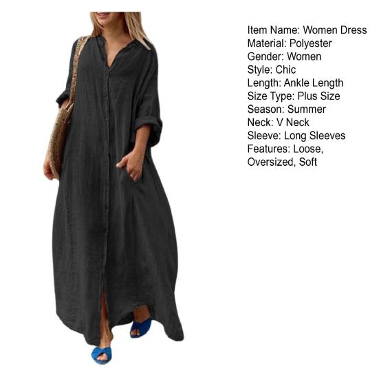 Весна Лето Женское Платье Большого Размера Свободное Однотонное Однобортное Карманы V-образный вырез Длинные рукава Разрез по низу Мягкое Дышащее