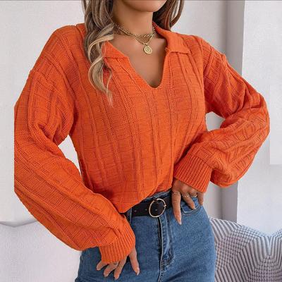 Женский осенне-зимний повседневный свитер-поло в клетку с длинным рукавом и вязаным свитером