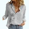 Women Fashion Floral Print Linen Top Casual Long Sleeved Buttoned Shirt Ladies Stand-collar Thin Blouse