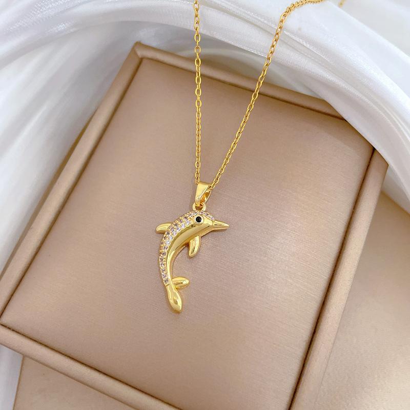 Stainless Steel Chain Necklace Cute Zircon Dolphin Pendant Necklace for Women Girls Gold Color Animal Jewelry Gifts for Lover