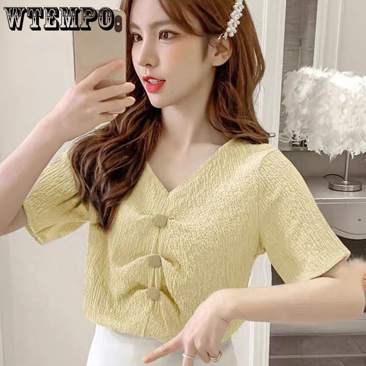 Весенне-летняя женская корейская шифоновая рубашка с короткими рукавами и нишевым дизайном. Свободные и универсальные плиссированные топы с v-образным вырезом.