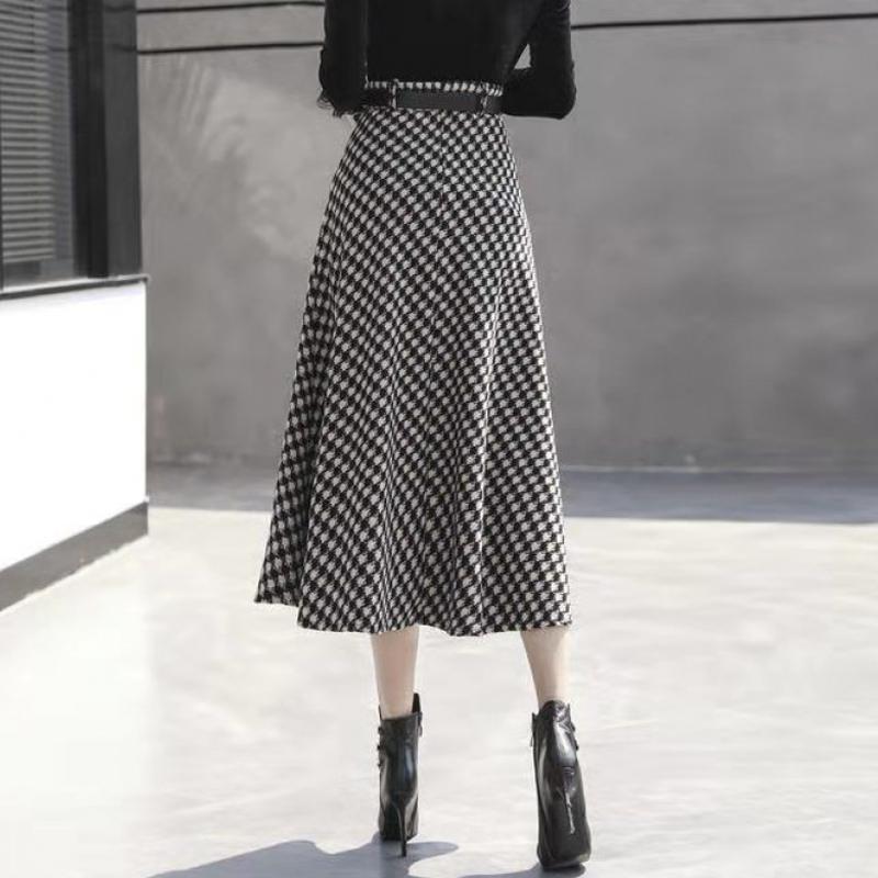 Шерстяные юбки миди с рисунком «гусиная лапка», женские корейские офисные длинные юбки А-силуэта с поясом, элегантные длинные клетчатые юбки для женщин, Faldas