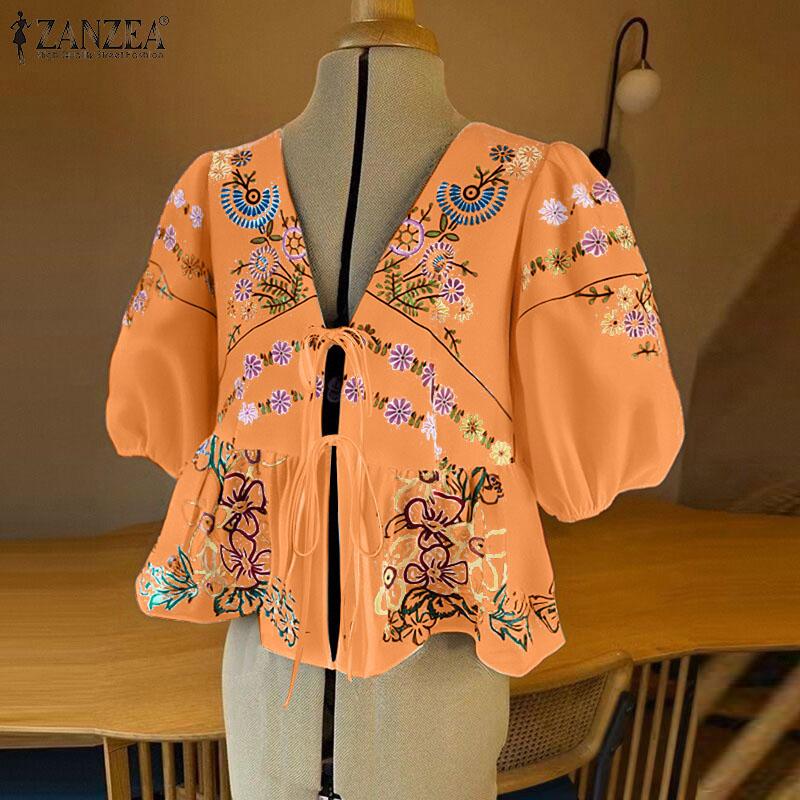 ZANZEA Женская повседневная блузка с принтом на шнуровке, V-образным вырезом и коротким рукавом