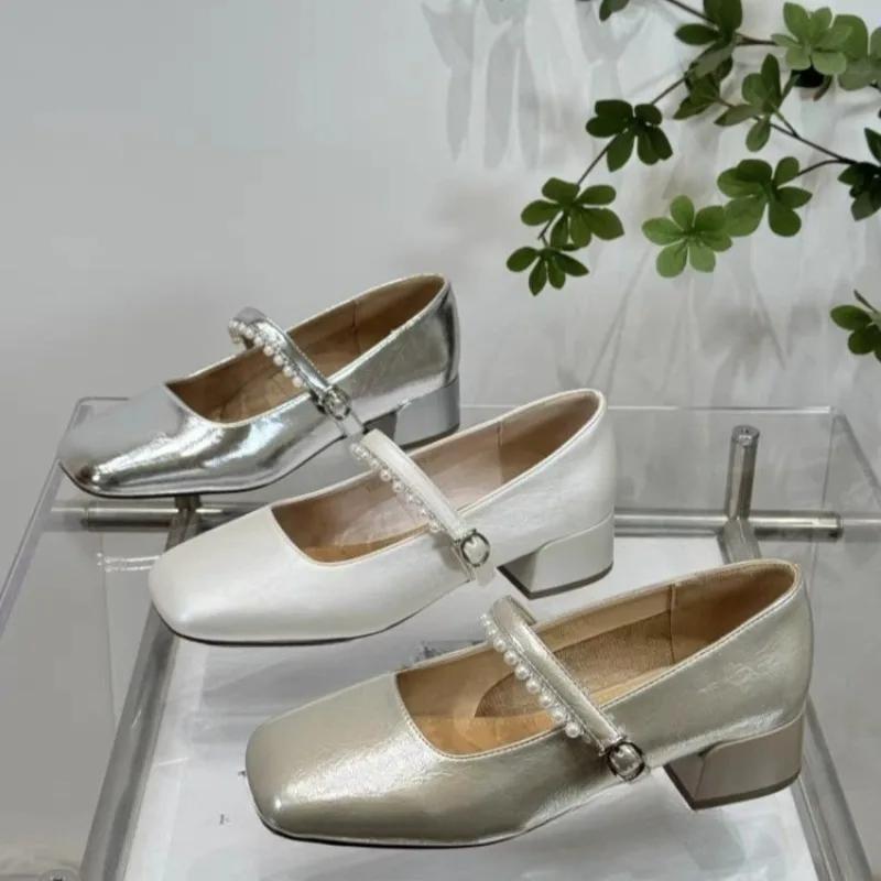 Туфли-лодочки на среднем каблуке с бусинами, осенние новые, с квадратным носком, с мелким вырезом, на одной перемычке, с мягкой подошвой, нескользящие, на блочном каблуке