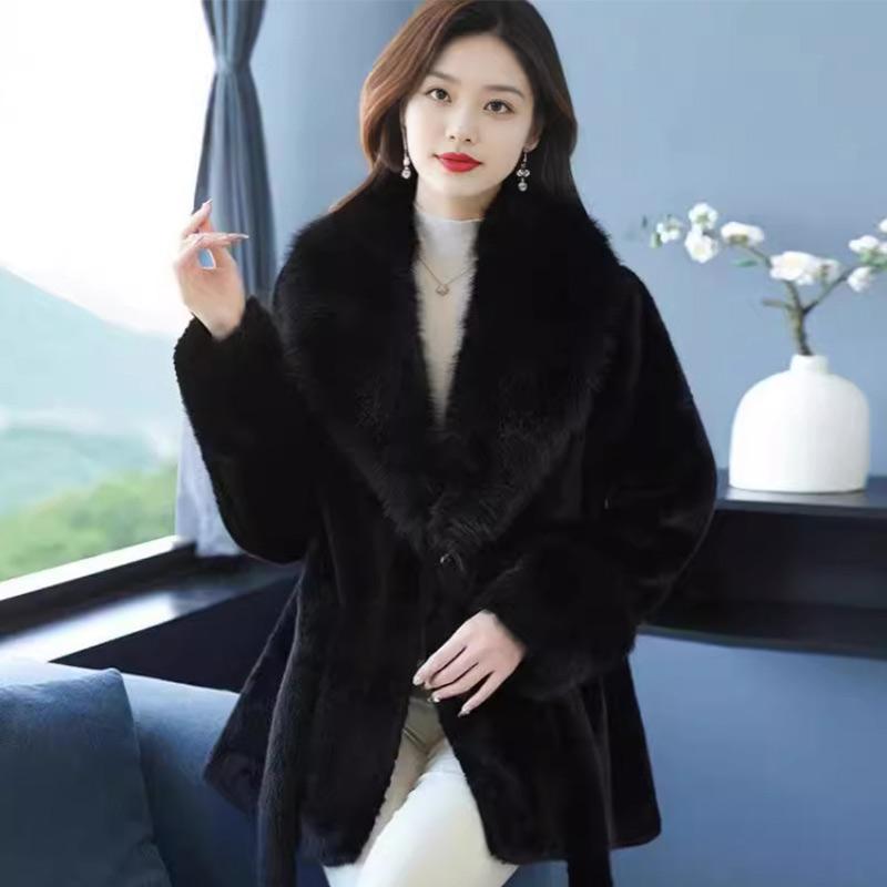 Однотонное искусственное меховое пальто средней длины для женщин, зимнее, с большим воротником из искусственного меха лисы и длинными рукавами, парки, модная верхняя одежда