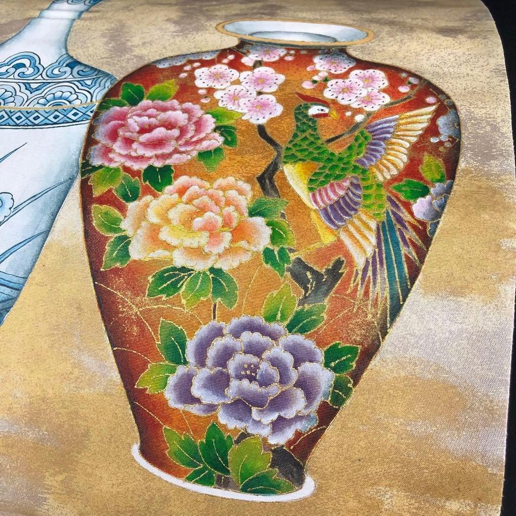 Used SO-494 Fukuro obi, drum pattern, pure silk, artist's signature, vase, masterpiece