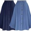 Women's A-Line High Waist Button Pleated Midi Skirt With Elastic Waist Knee Length