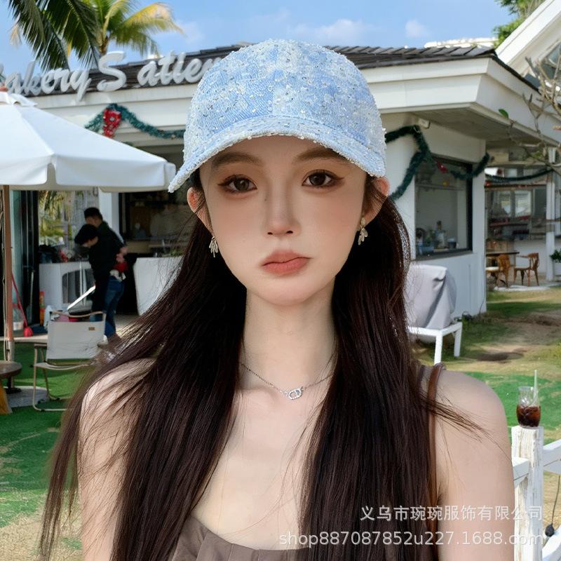 Sequined denim baseball cap women's spring summer fashion hard top cap showing a small face outdoor trend sun hat