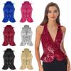 Women Stylish Solid Color Vest Lapel Design Sleeveless Sparkling Sequin Detail Party Top Nightclub Outfit