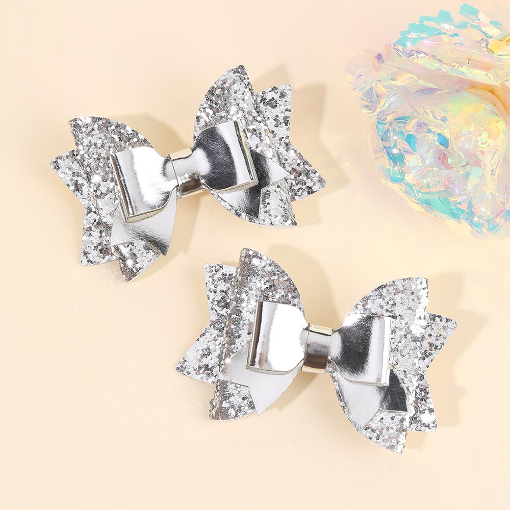 2Pcs Gold Sequin Bow Hair Clip Elegant Sparkly Glitter Leather Hairpin For Baby Girl Children's Daily Hair Headdress Accessories