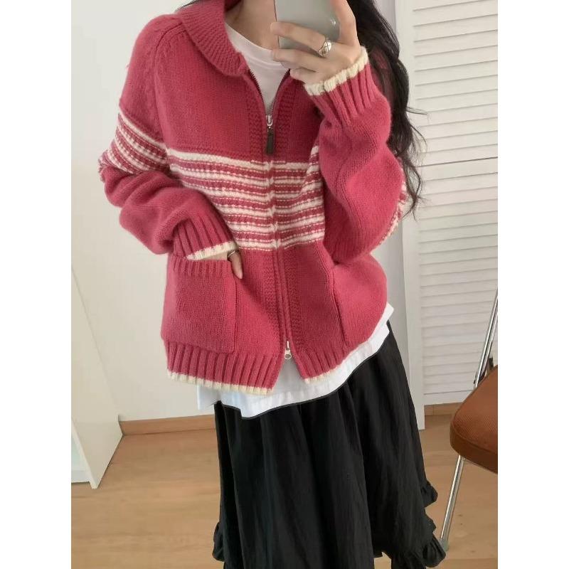 Женский трикотажный кардиган с лацканами в контрастную полоску, новинка осени и зимы, свободный вязаный топ в ленивом стиле, утолщенный