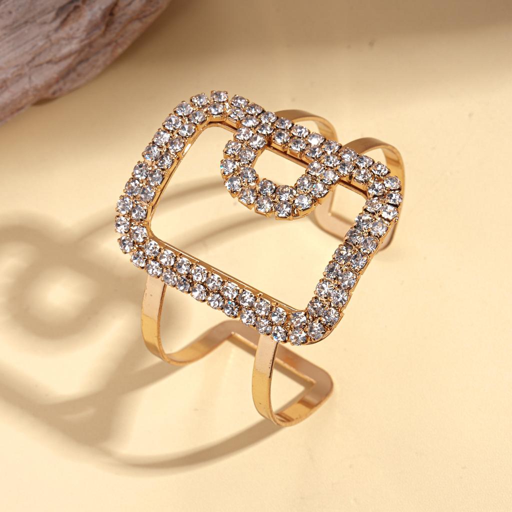 Металлический браслет-кольцо на руку, квадратное геометрическое открытие, инкрустированное бриллиантами, преувеличенная индивидуальность, модные украшения в стиле легкая роскошь