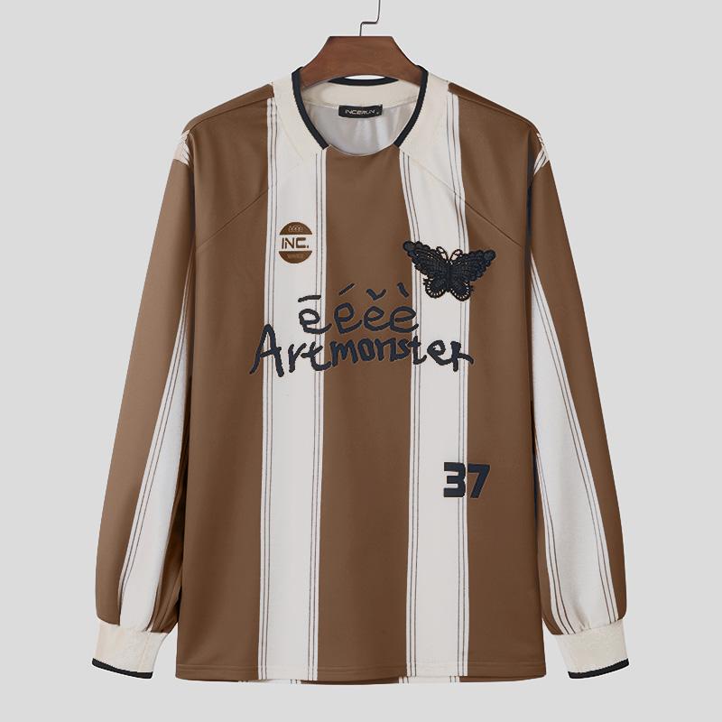 INCERUN Мужские футболки с круглым вырезом и длинным рукавом с буквенным принтом, повседневные полосатые топы